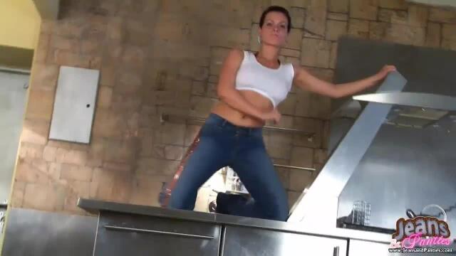Smoking hot blond MILF sucks my dick in her red tight jeans